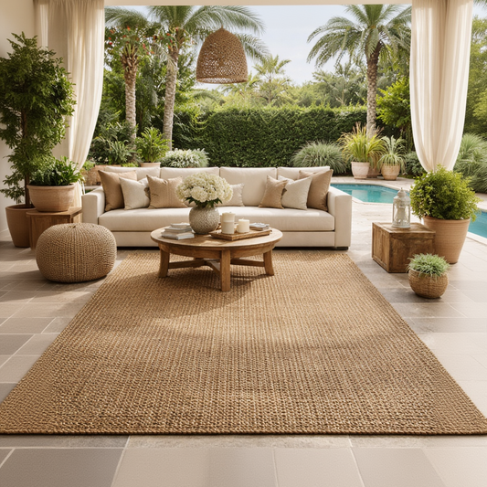 Outdoor patio with beige sectional sofa, round wooden coffee table, and decorative elements.