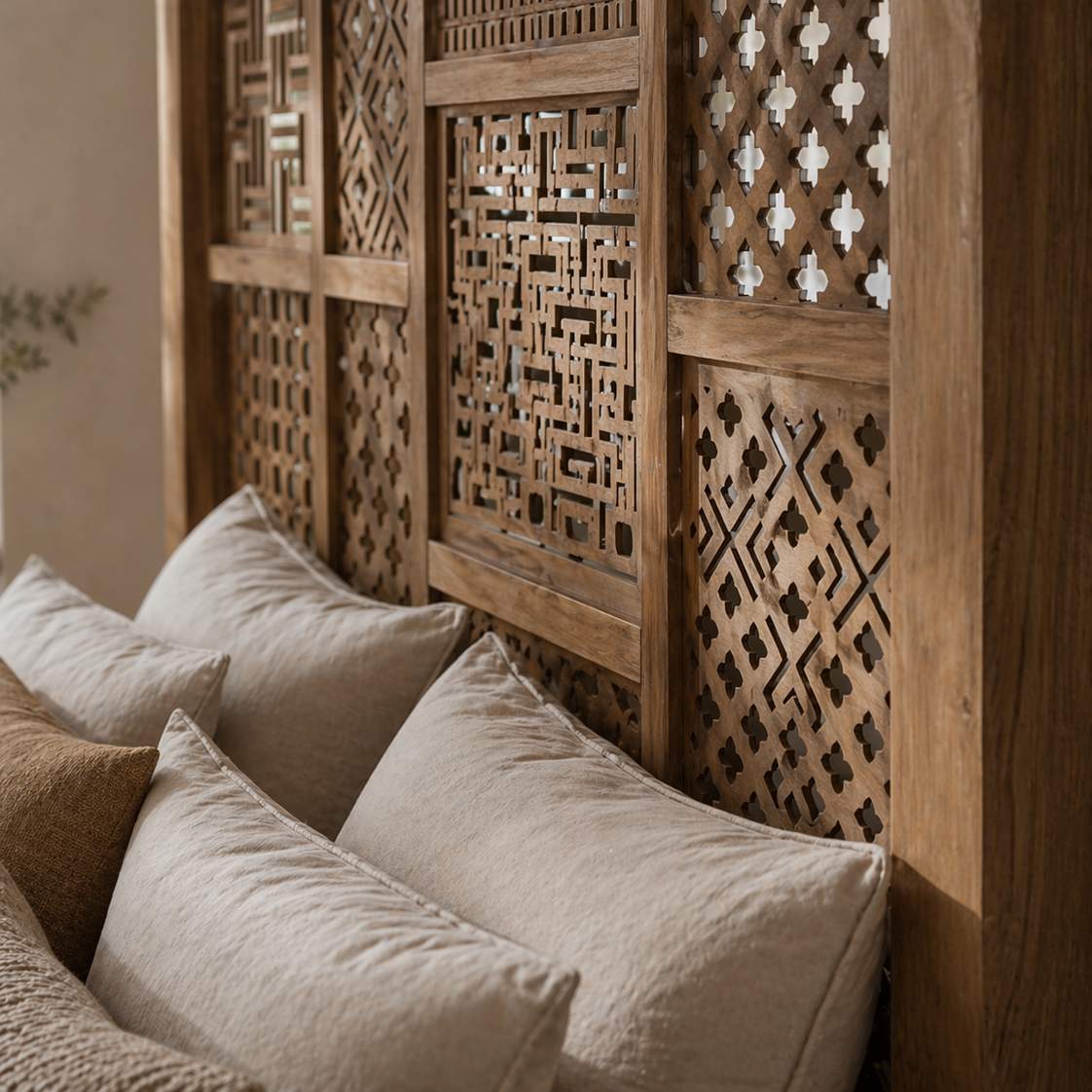 Wooden headboard with intricate carvings and pillows in a cozy room setting.