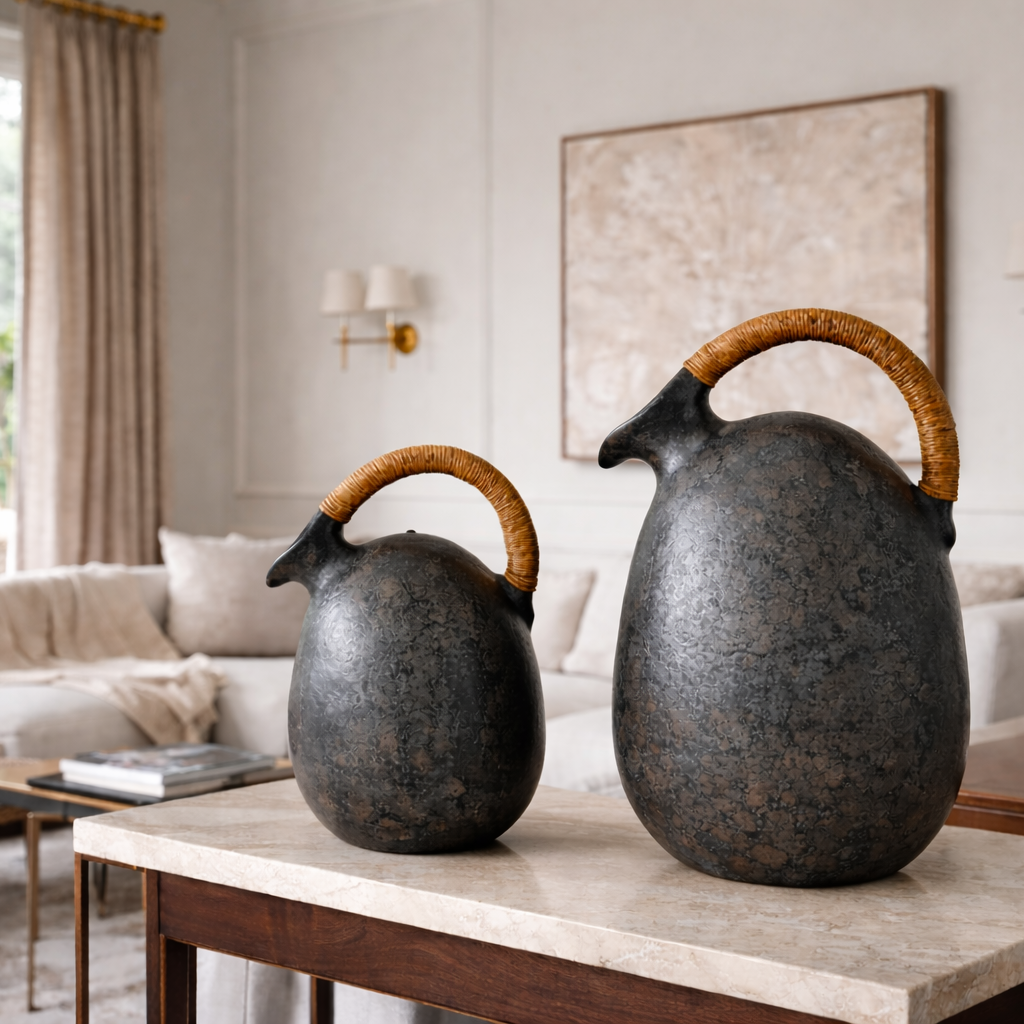 Makoa Terracotta Vase with Rattan-Style Handle