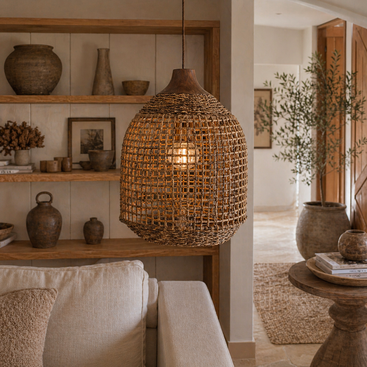 Woven pendant light hanging in a cozy living room with wooden shelves and decor.