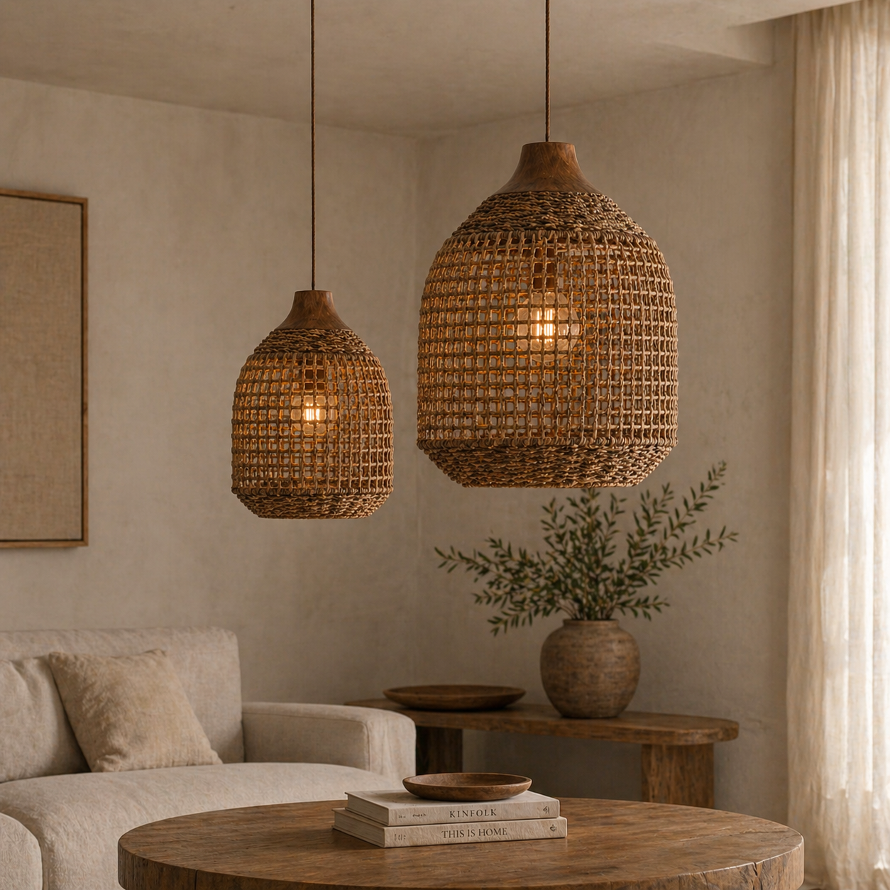 Woven pendant lights hanging in a living room with a neutral color palette.