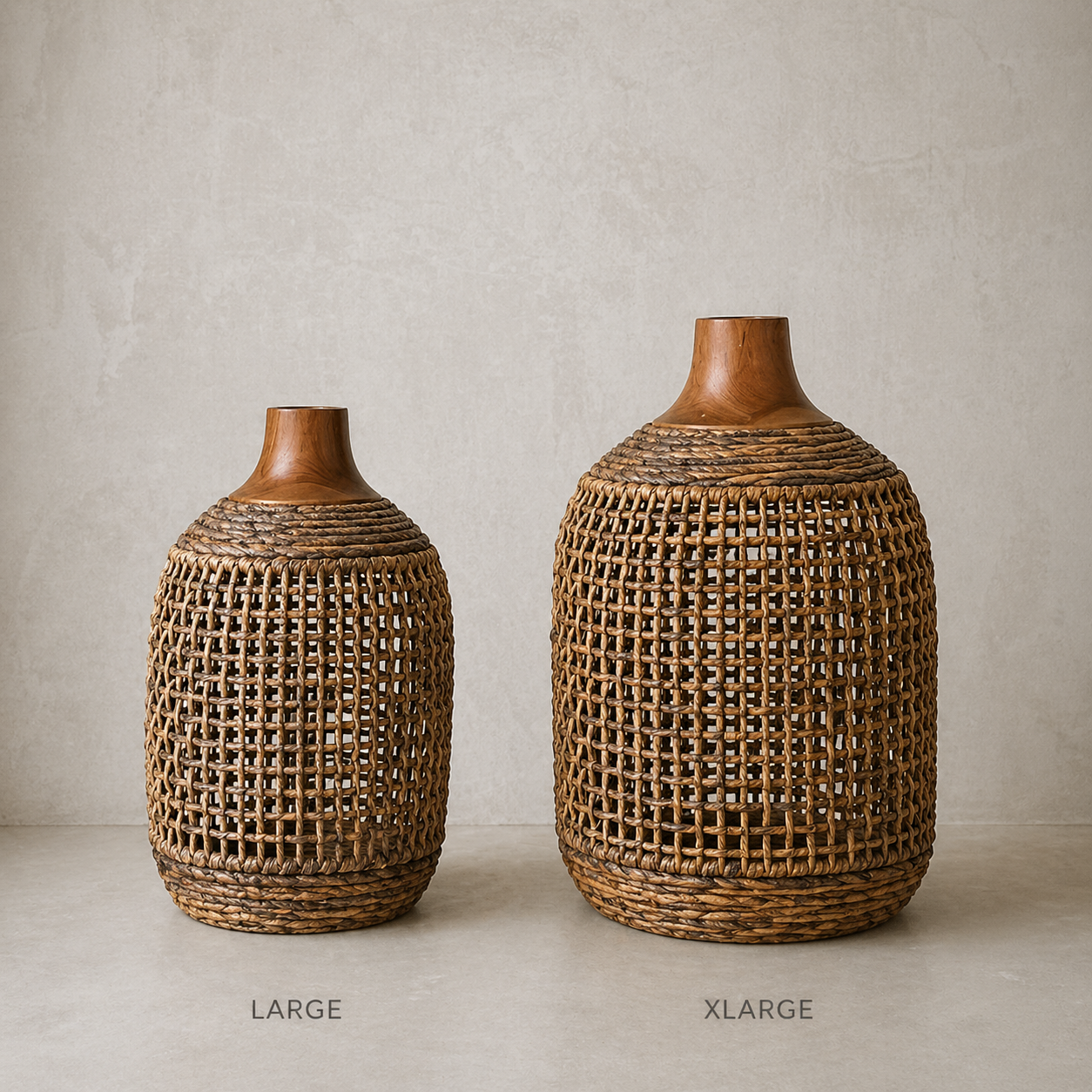 Two woven vases, one large and one extra-large, on a neutral background.