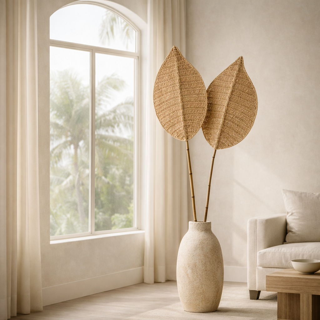 Handmade Oval Seagrass Leaf – Natural Woven Wall or Floor Accent with Bamboo Stem