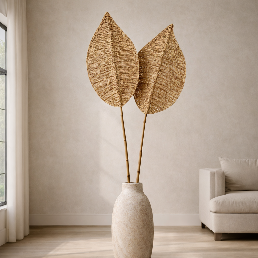 Handmade Oval Seagrass Leaf – Natural Woven Wall or Floor Accent with Bamboo Stem