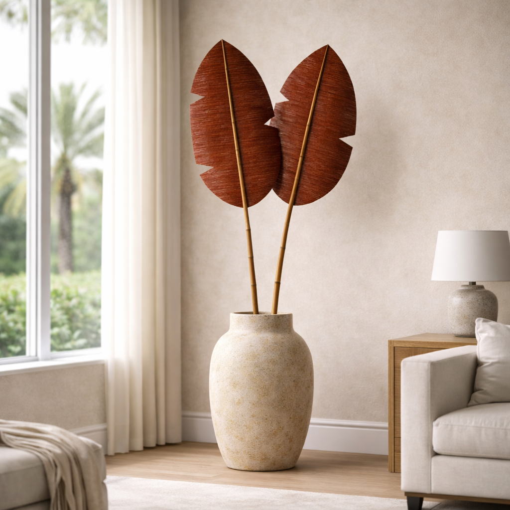Burgundy Handmade Decorative Leaf – Natural Woven Wall & Floor Accent with Bamboo Stem