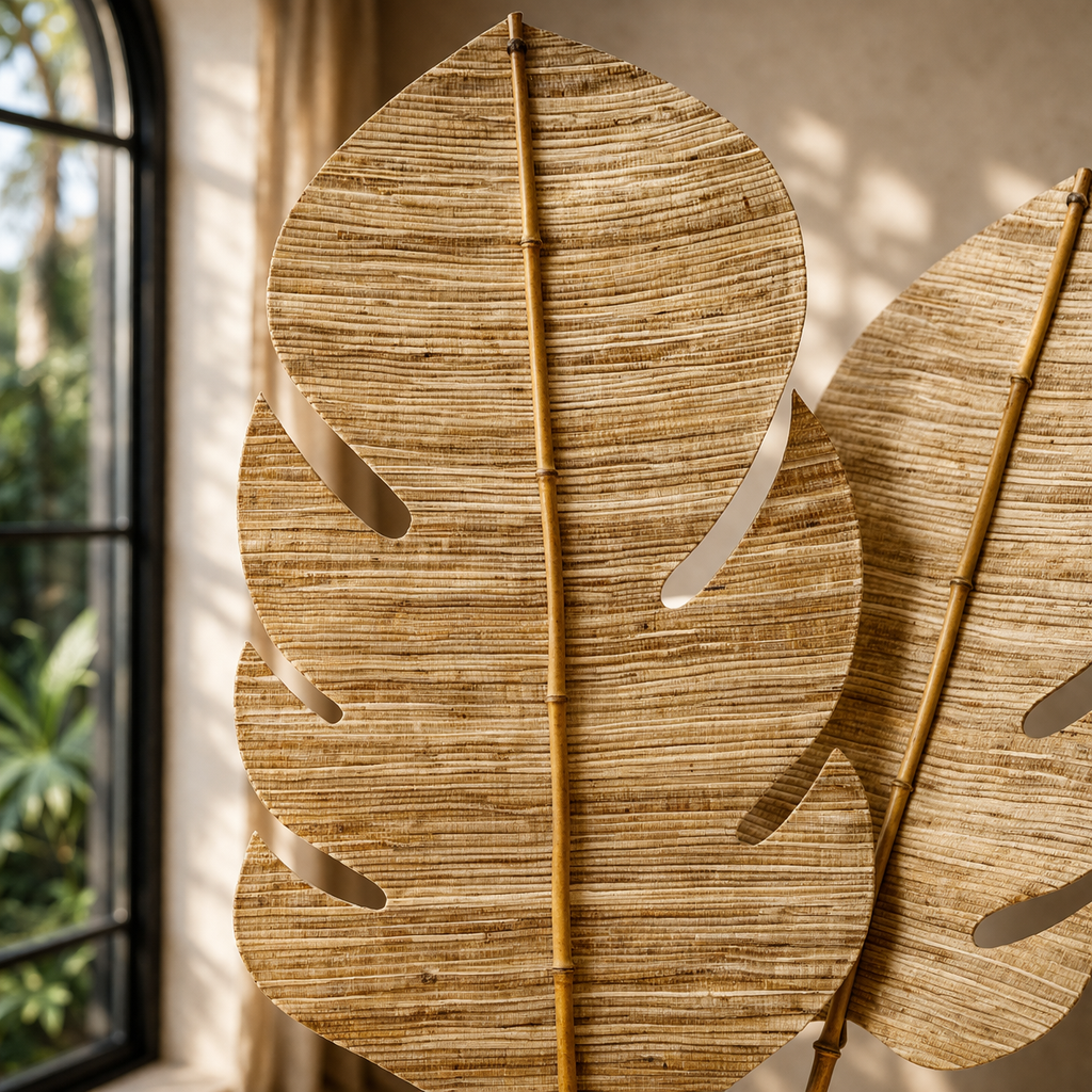 Handmade Decorative Leaf - Hiken Natural woven Wall or Floor Accent with Bamboo Stem