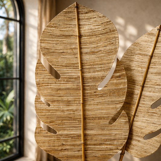 Handmade Decorative Leaf - Hiken Natural woven Wall or Floor Accent with Bamboo Stem