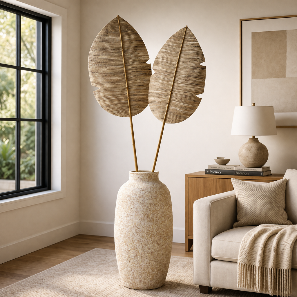 Handmade Decorative Leaf - Mango Natural Wowen Wall of Floor Accent with Bamboo Stem