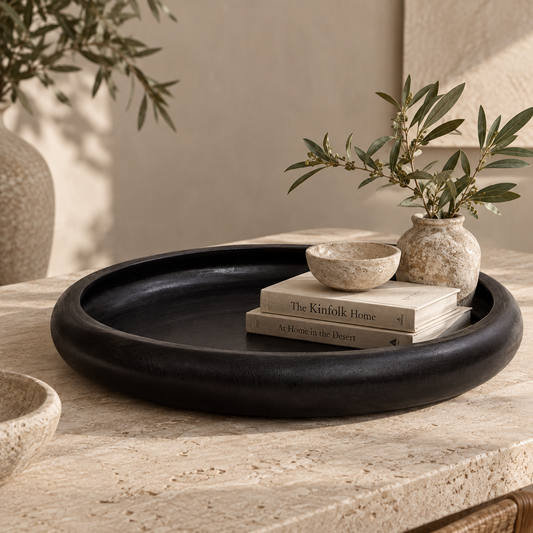 Kyomi Black Artisan Wood Plate | Oversized Minimalist Centerpiece Tray