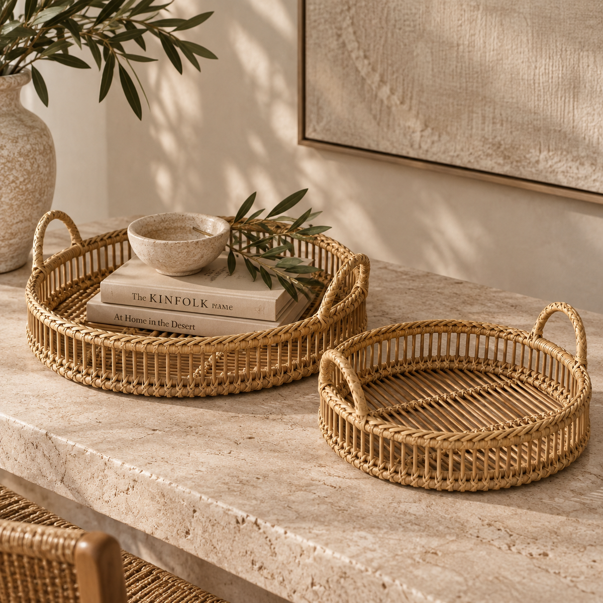 Taylor Natural Bamboo Serving Trays | Set of 2 Round Handmade Trays
