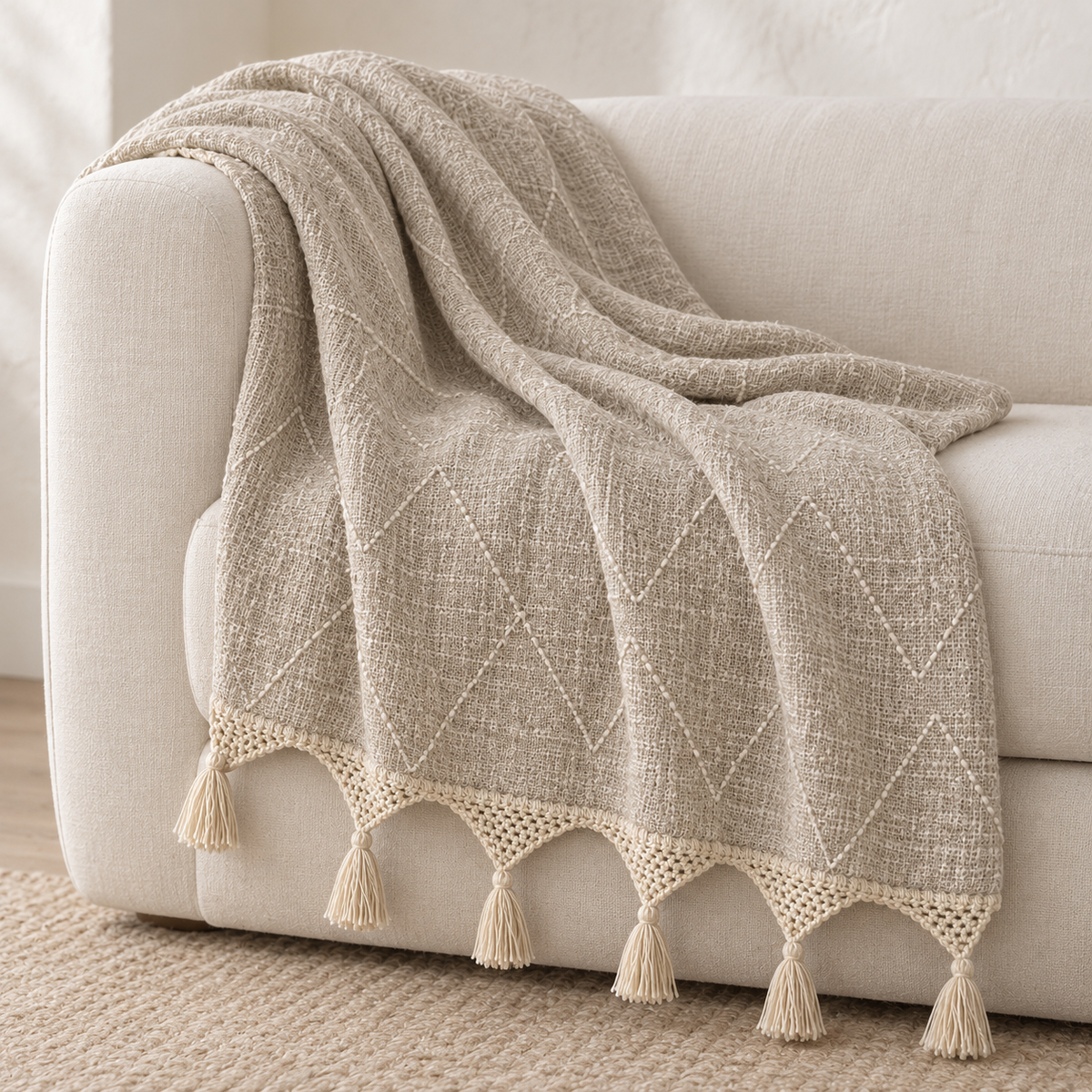 Cream Organic Cotton Throw with Macramé Fringe