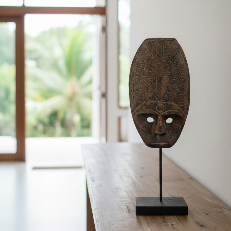 Wooden mask on a stand in a room with a window and plants outside