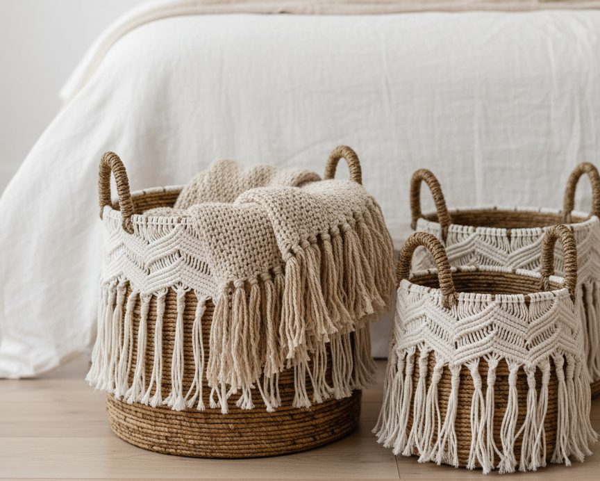 Woven baskets with fringe on a bed in a bedroom setting