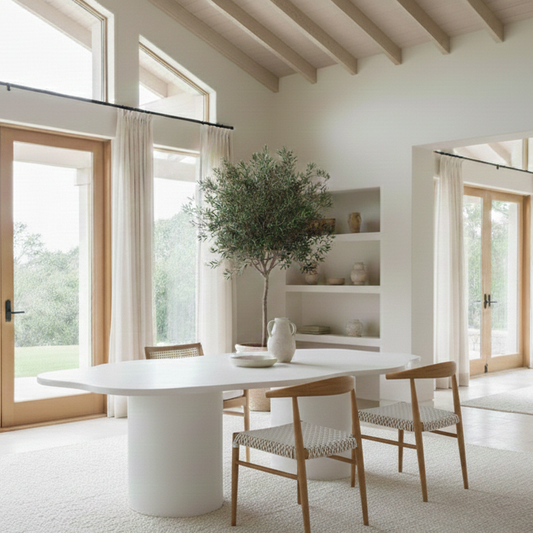Modern dining room with a white table and chairs, large windows, and a neutral color palette.