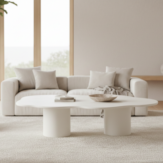 Modern living room with a light gray sofa, white coffee table, and wooden chair.