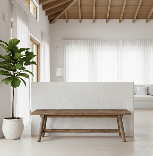 Maeve Long Indoor Bench in Natural Recycled Teak – Resort Interior