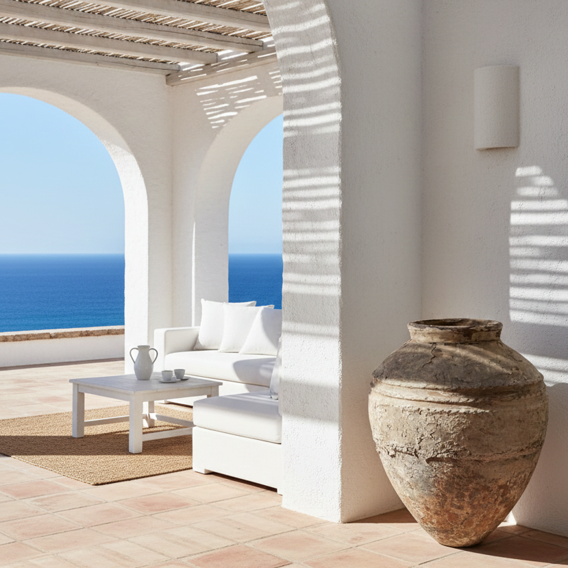 White outdoor patio with archway, ocean view, and decorative vase.
