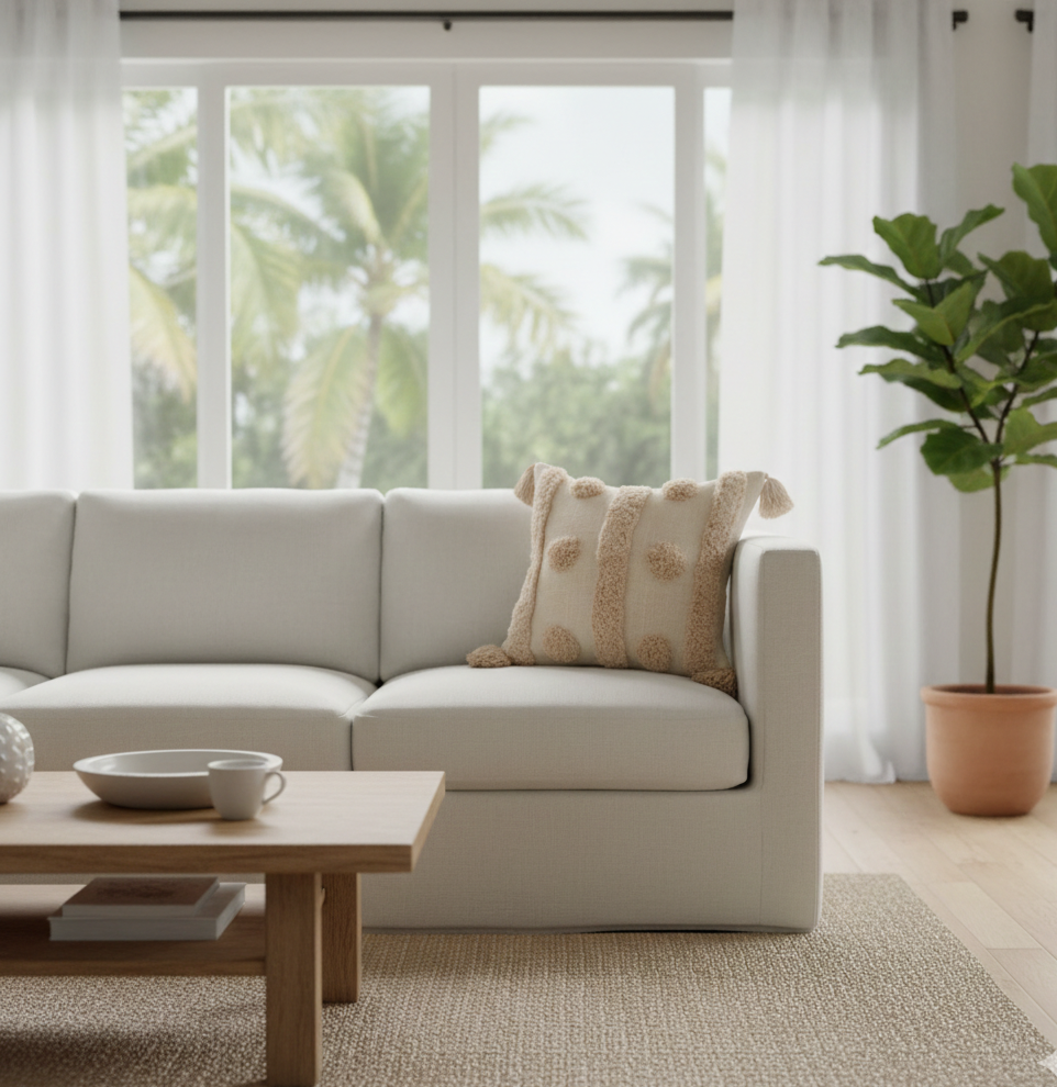 Dot Tufted Boho Square Pillow – Natural Cotton with Tassel Pom Pom Corners