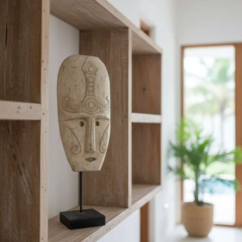 Wooden mask on a shelf in a modern interior setting with a plant and door in the background.