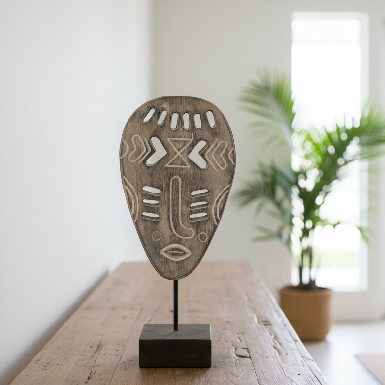 Wooden mask on a stand on a wooden table with a blurred indoor background