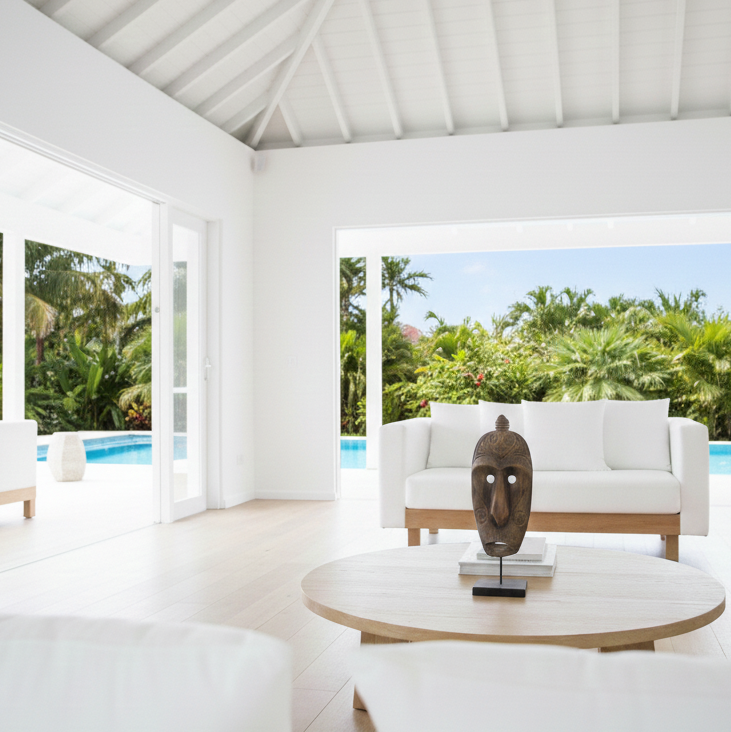 Modern white living room with a view of a pool and garden