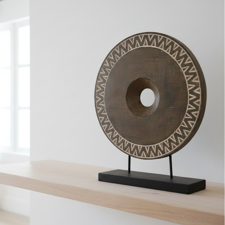 Decorative wooden disc on a stand in a modern room with a plant and window.