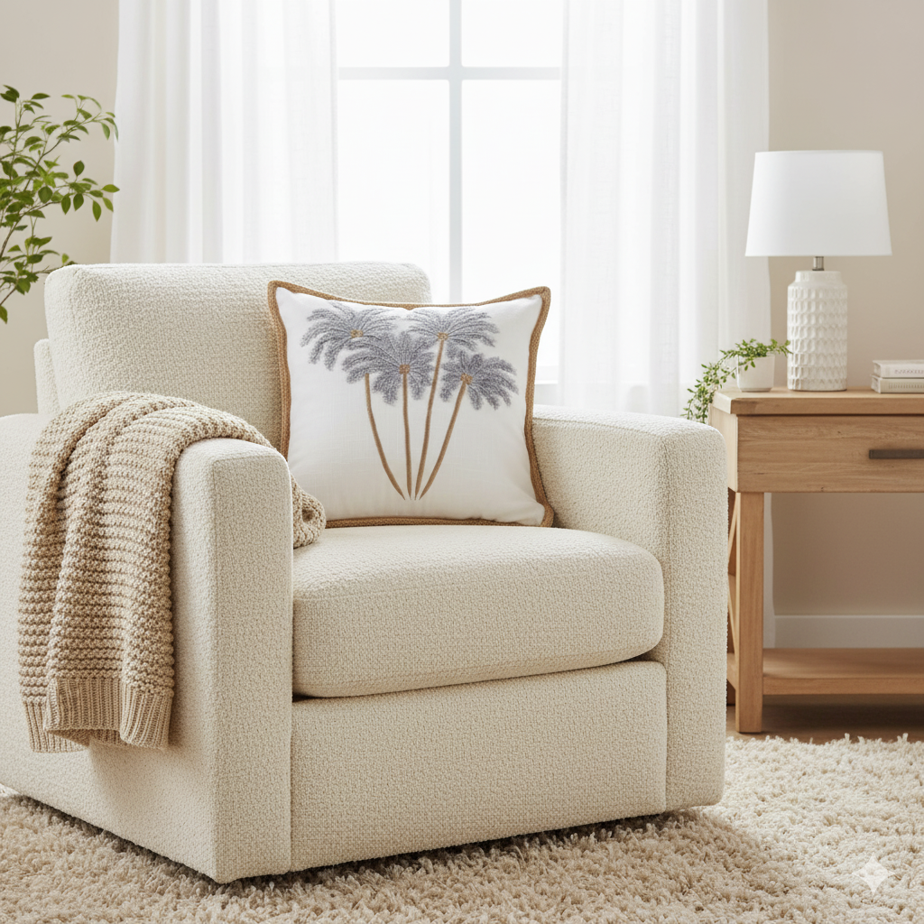 Grey On White Linen Bali Palms