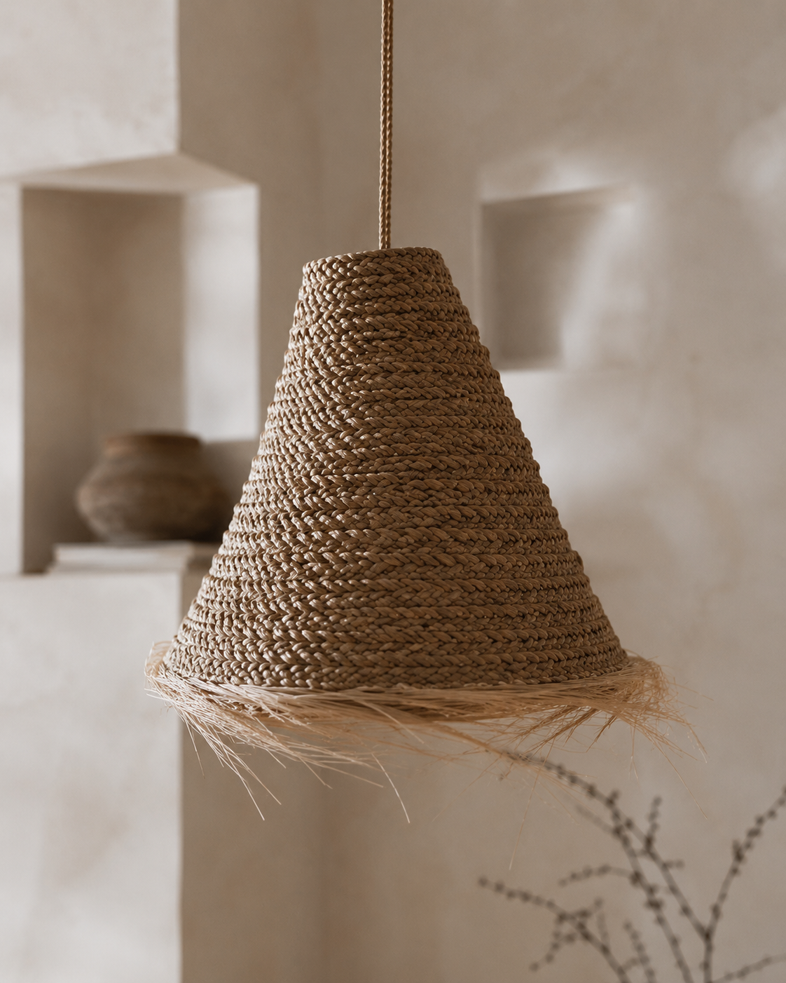 Handwoven Fringe Pendant Light Shade | Handmade Natural Fiber Ceiling Shade from Bali