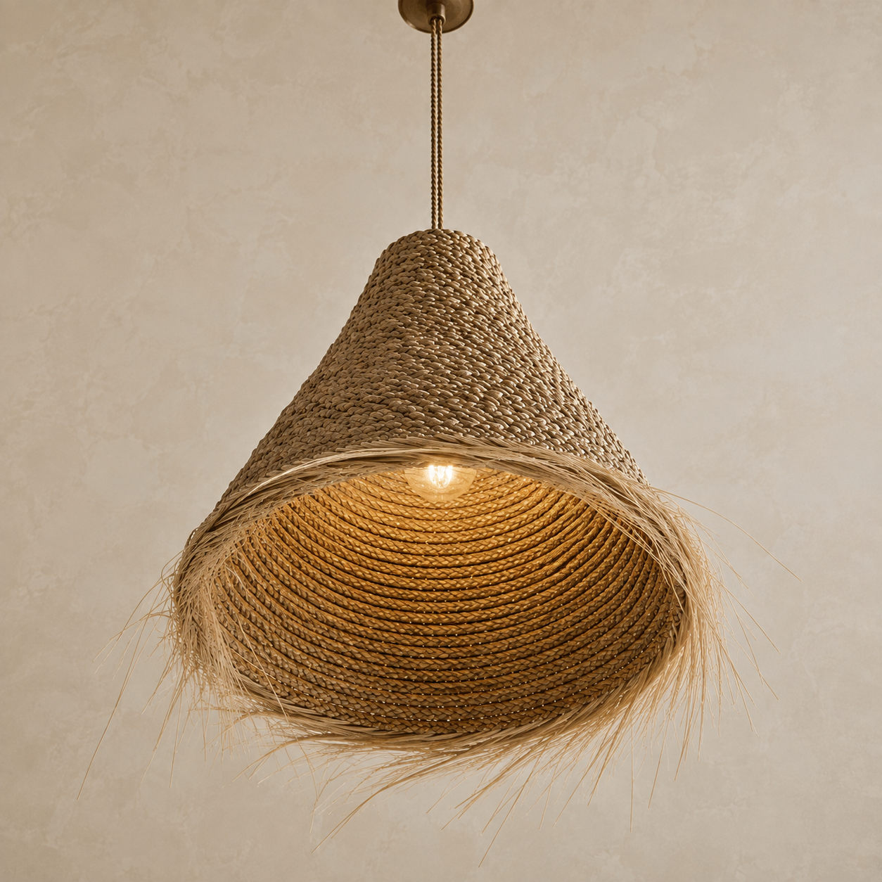 Handwoven Fringe Pendant Light Shade | Handmade Natural Fiber Ceiling Shade from Bali