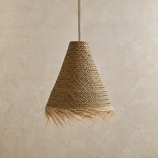 Handwoven Fringe Pendant Light Shade | Handmade Natural Fiber Ceiling Shade from Bali