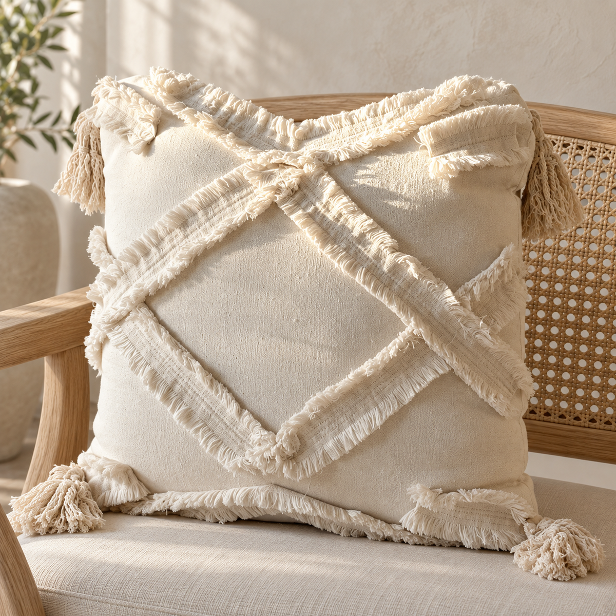 Cream-colored decorative throw pillow with fringed tassels and a crisscross woven rope pattern, resting on a wooden cane-back chair in a warm, sunlit room.