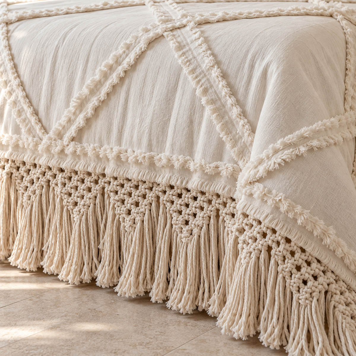Laia Macrame Fringe Cotton Bedspread – Natural