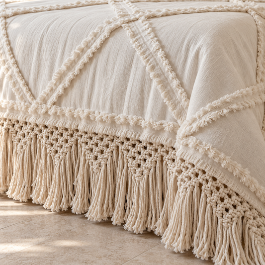 Laia Macrame Fringe Cotton Bedspread – Natural