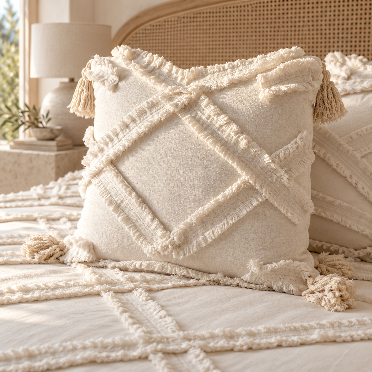 A cream-colored textured throw pillow with a diamond lattice pattern and tassels, styled on a matching bohemian bed with a woven cane headboard and a soft-focus lamp in the background.
