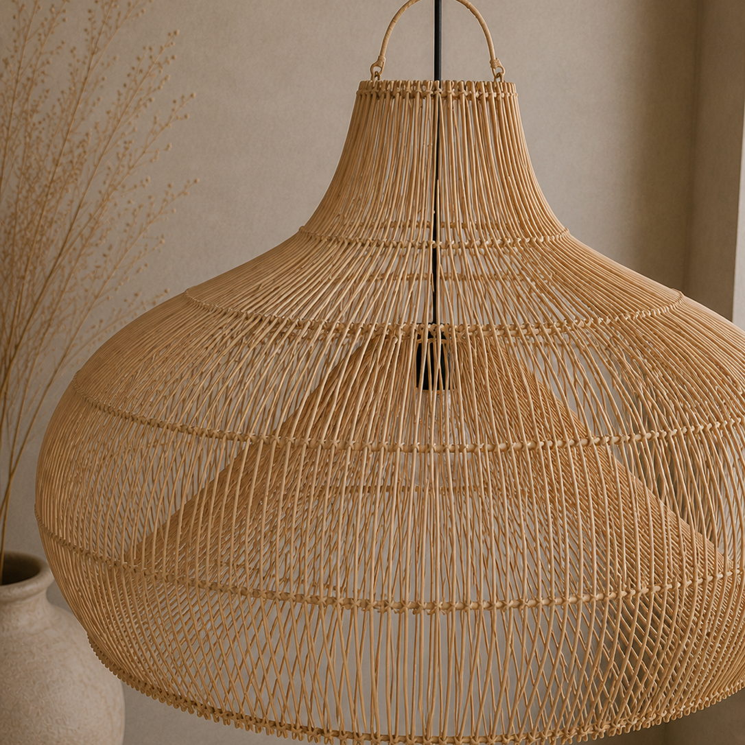 A large woven rattan pendant light in a natural tan color, hanging from a black cord against a neutral beige wall.