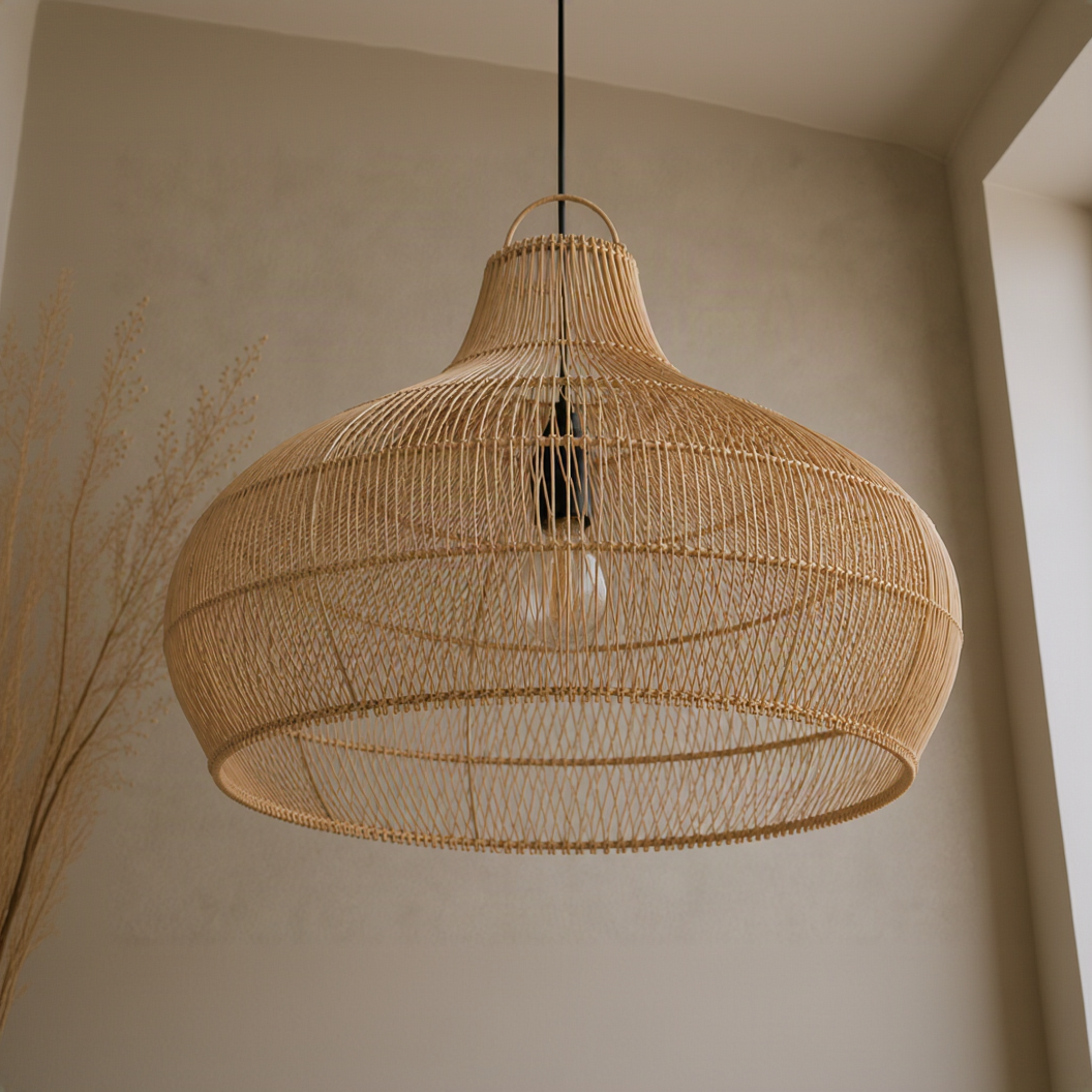 A large woven rattan pendant light in a natural tan color, hanging in a warm, neutral-toned room with a textured beige wall and dried grass decor in the background.