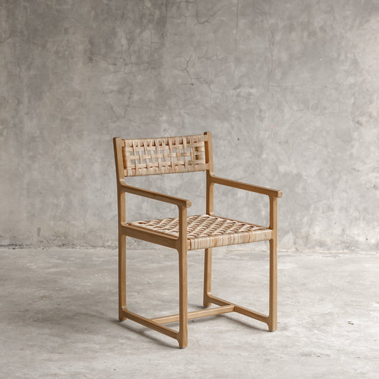 Teak wood dining arm chair with handwoven natural fiber seat – Palmer Arm Chair
