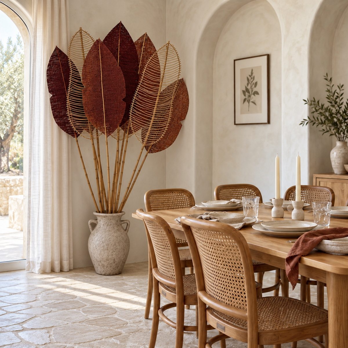 Burgundy Handmade Decorative Leaf – Natural Woven Wall & Floor Accent with Bamboo Stem