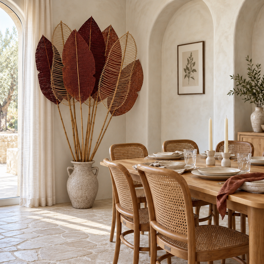 Burgundy Handmade Decorative Leaf – Natural Woven Wall & Floor Accent with Bamboo Stem