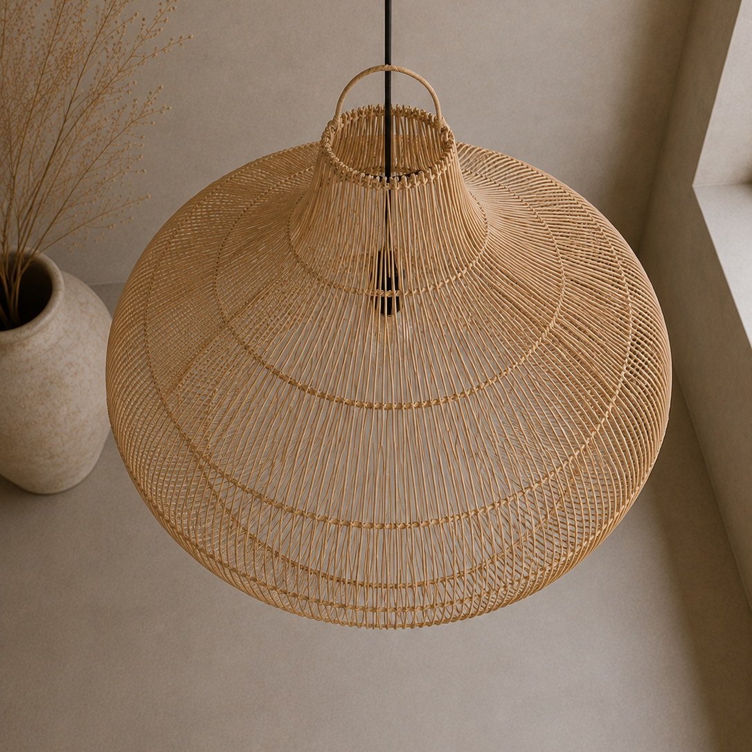 A large woven rattan pendant light shade hanging in a minimalist room with a beige wall and floor, next to a vase with dried grass.