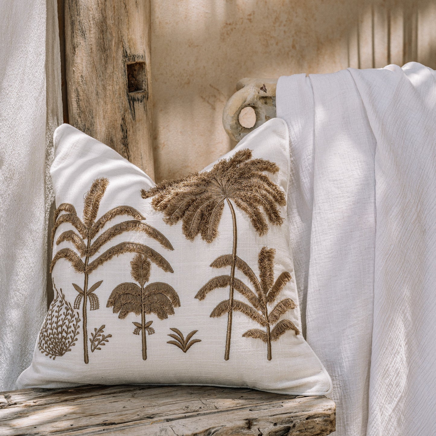 Brown Palm Forrest on White Linen