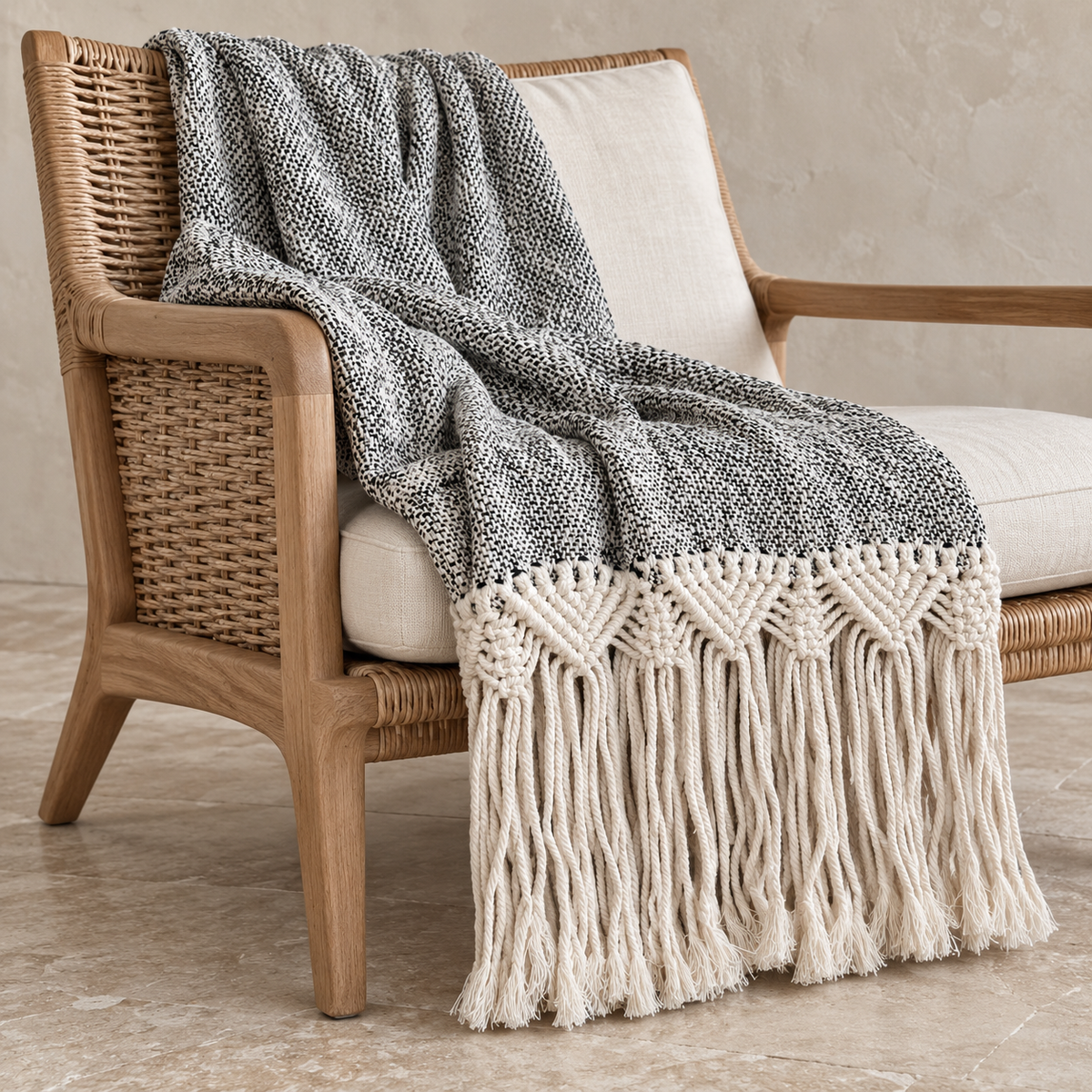 Mountain Macrame Cotton Throw | Black