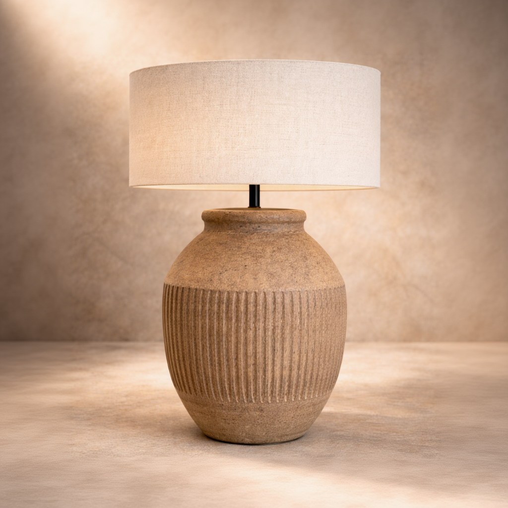 Table lamp with textured ceramic base and white shade on a neutral background