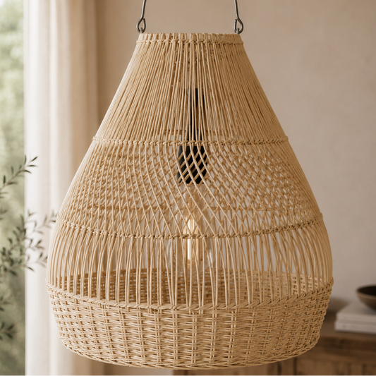Woven rattan pendant light hanging indoors with a neutral background
