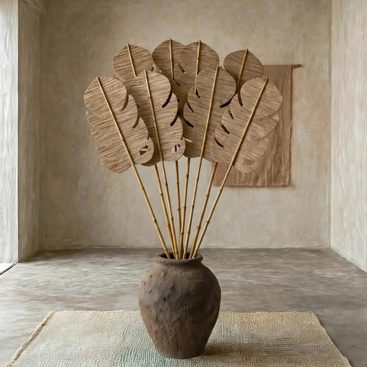 Handmade Decorative Leaf - Hiken Natural woven Wall or Floor Accent with Bamboo Stem