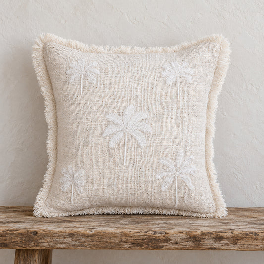 White Nora Handmade Cotton Palm Cluster Pillow Cover