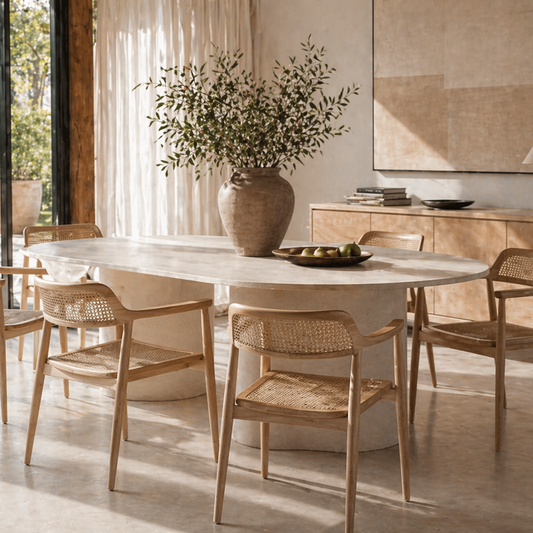 Dining room with a long white table and wooden chairs, featuring a vase with greenery on the table.
