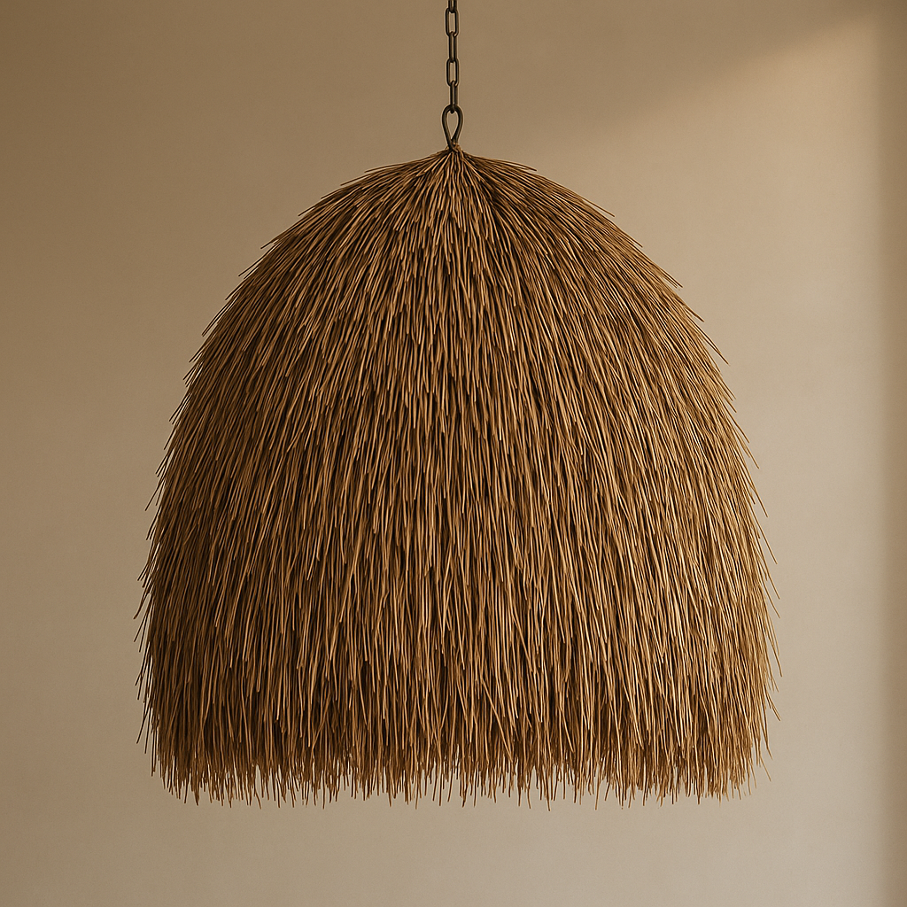 Textured brown pendant light against a beige background