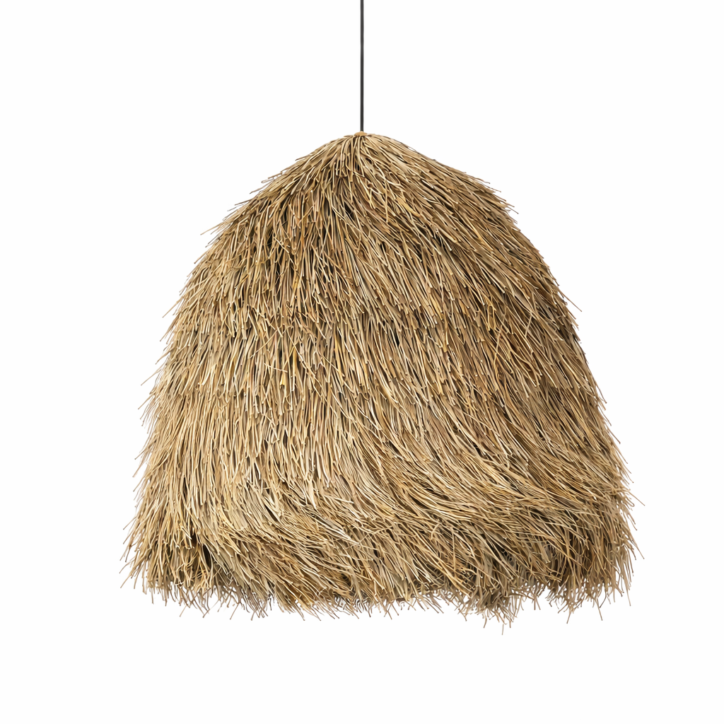 Textured pendant light hanging against a white background