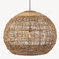 A handwoven pendant light shade made of banana-abaca plant fiber with a reclaimed teak wood top, in a round shape, intended to diffuse light.